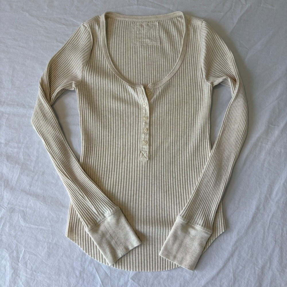 Aerie Womens Beige Long Sleeve Ribbed Essential Henley Neck Thermal Top Size XS